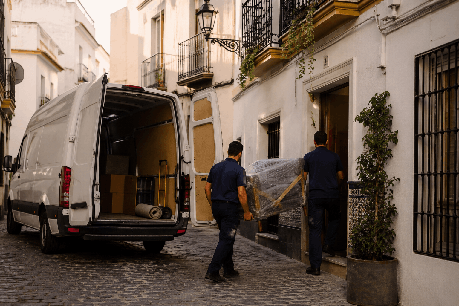 OPERARIOS DE MUDANZA DESCARGANDO MUEBLES EN UNA CALLE ESTRECHA DEL CENTRO HISTÓRICO DE MÁLAGA AL ATARDECER