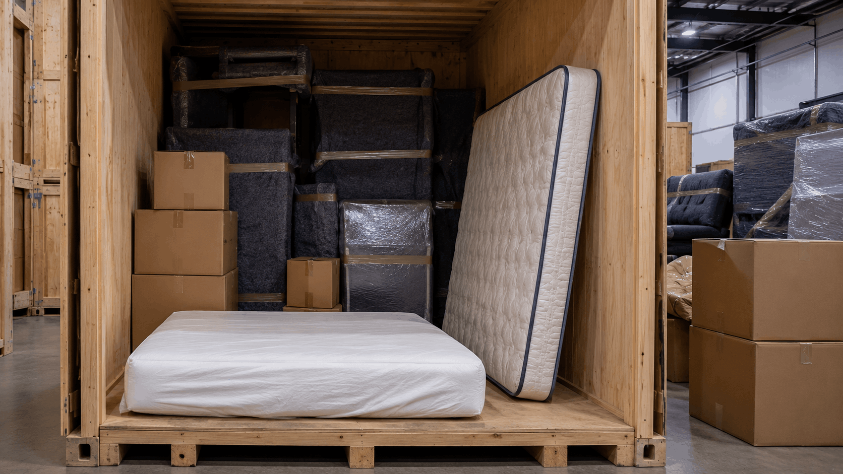 COLCHÓN CON FUNDA TRANSPIRABLE Y OTRO DE MUELLES DE CANTO DENTRO DE UN CONTENEDOR DE MADERA DE GUARDAMUEBLES