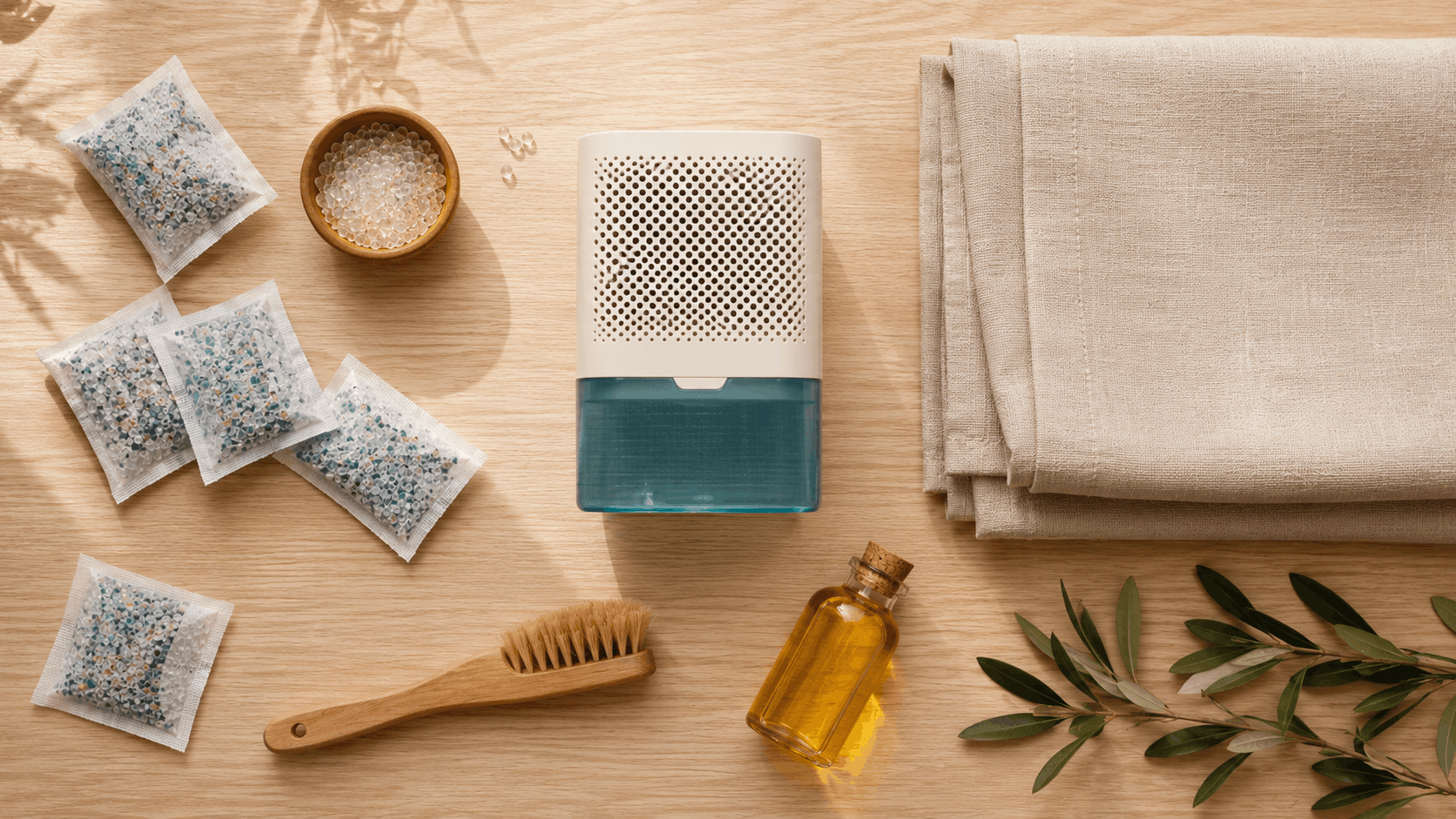GEL DE SÍLICE, DESHUMIDIFICADOR Y FUNDA TRANSPIRABLE JUNTO A MUEBLES GUARDADOS
