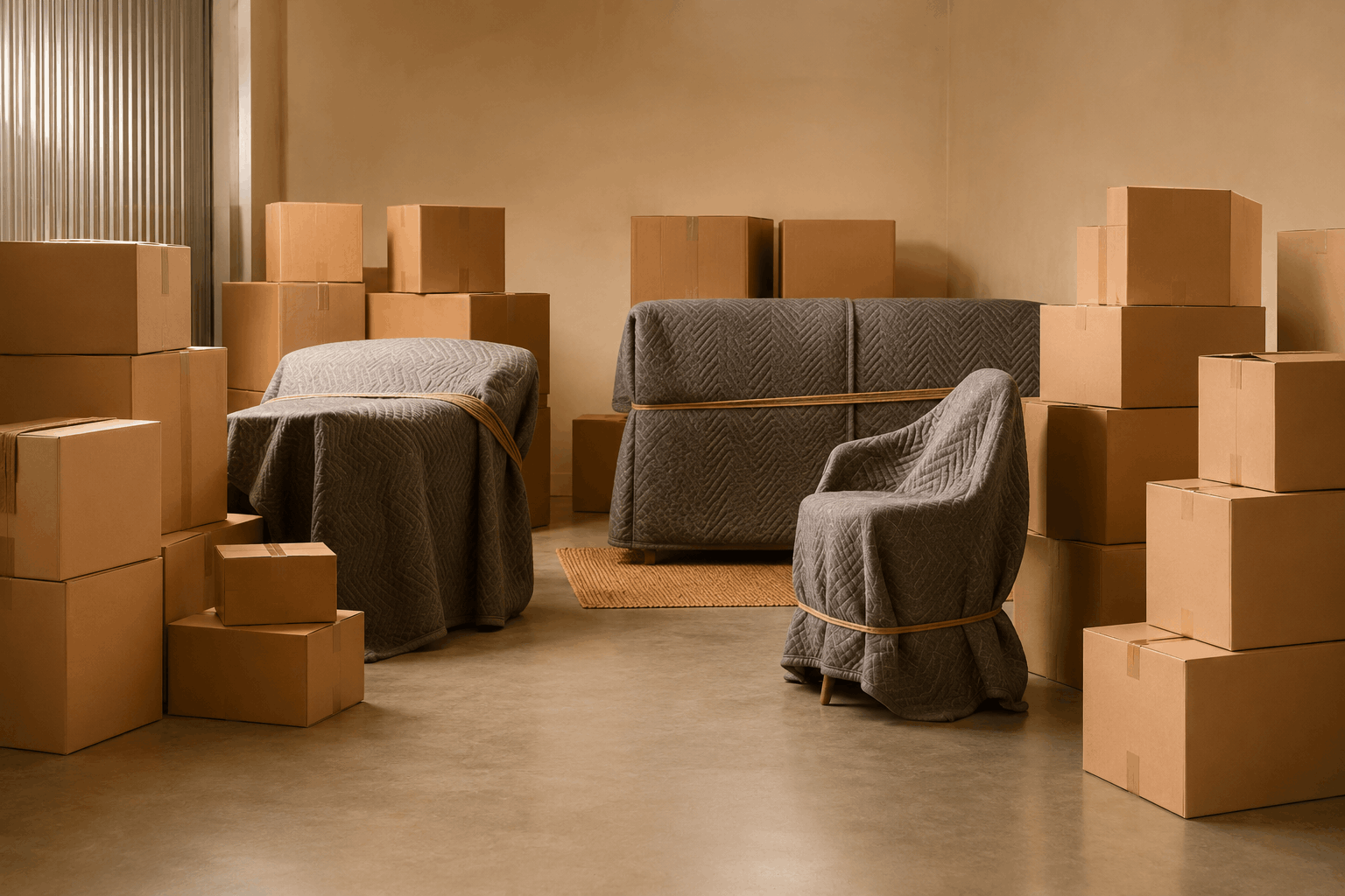 INTERIOR DE UN GUARDAMUEBLES LIMPIO Y SECO CON CAJAS ETIQUETADAS Y MOBILIARIO PROTEGIDO, LISTO PARA CUSTODIAR LOS MUEBLES HEREDADOS
