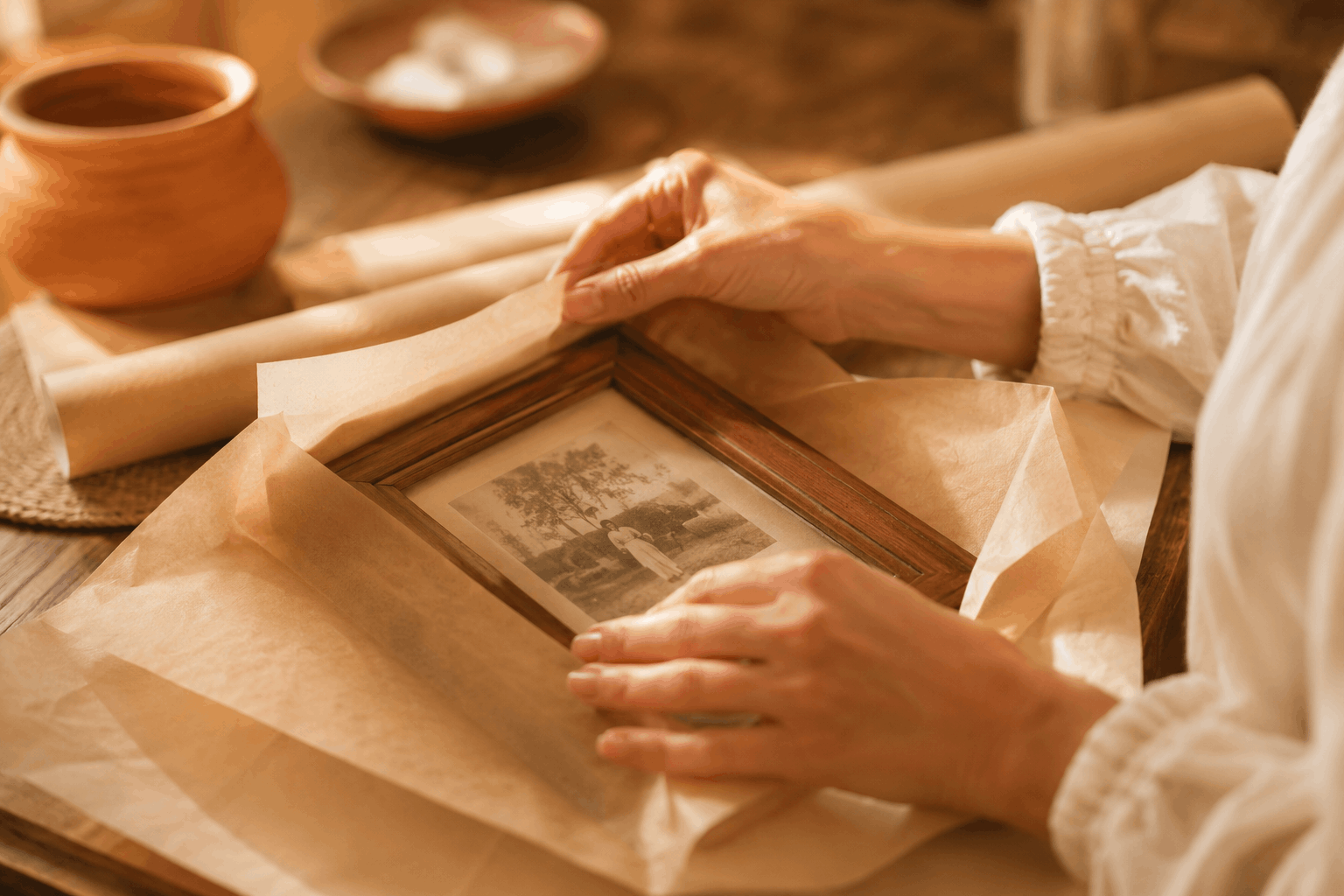 MANOS ENVOLVIENDO CON PAPEL UNA FOTOGRAFÍA ENMARCADA SOBRE UNA MESA DE MADERA AL PREPARAR LOS MUEBLES DE UNA VIVIENDA HEREDADA
