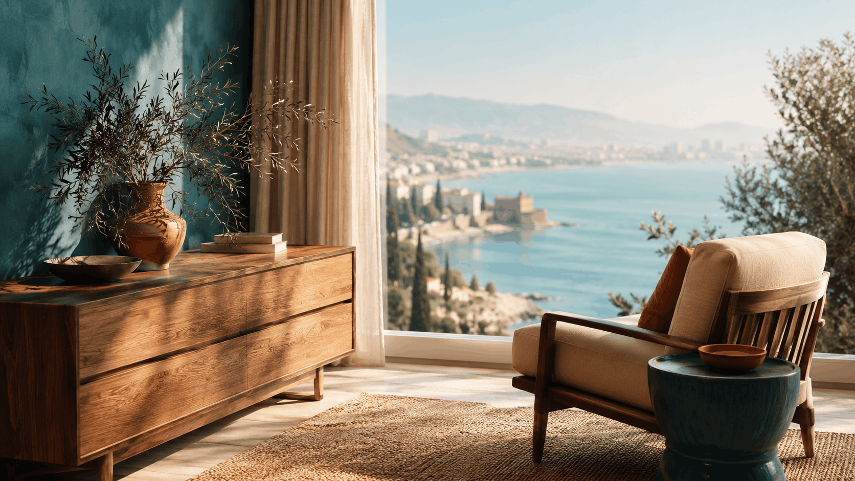 MUEBLE DE MADERA JUNTO A UNA VENTANA CON LUZ MEDITERRÁNEA Y LA COSTA DE MÁLAGA AL FONDO