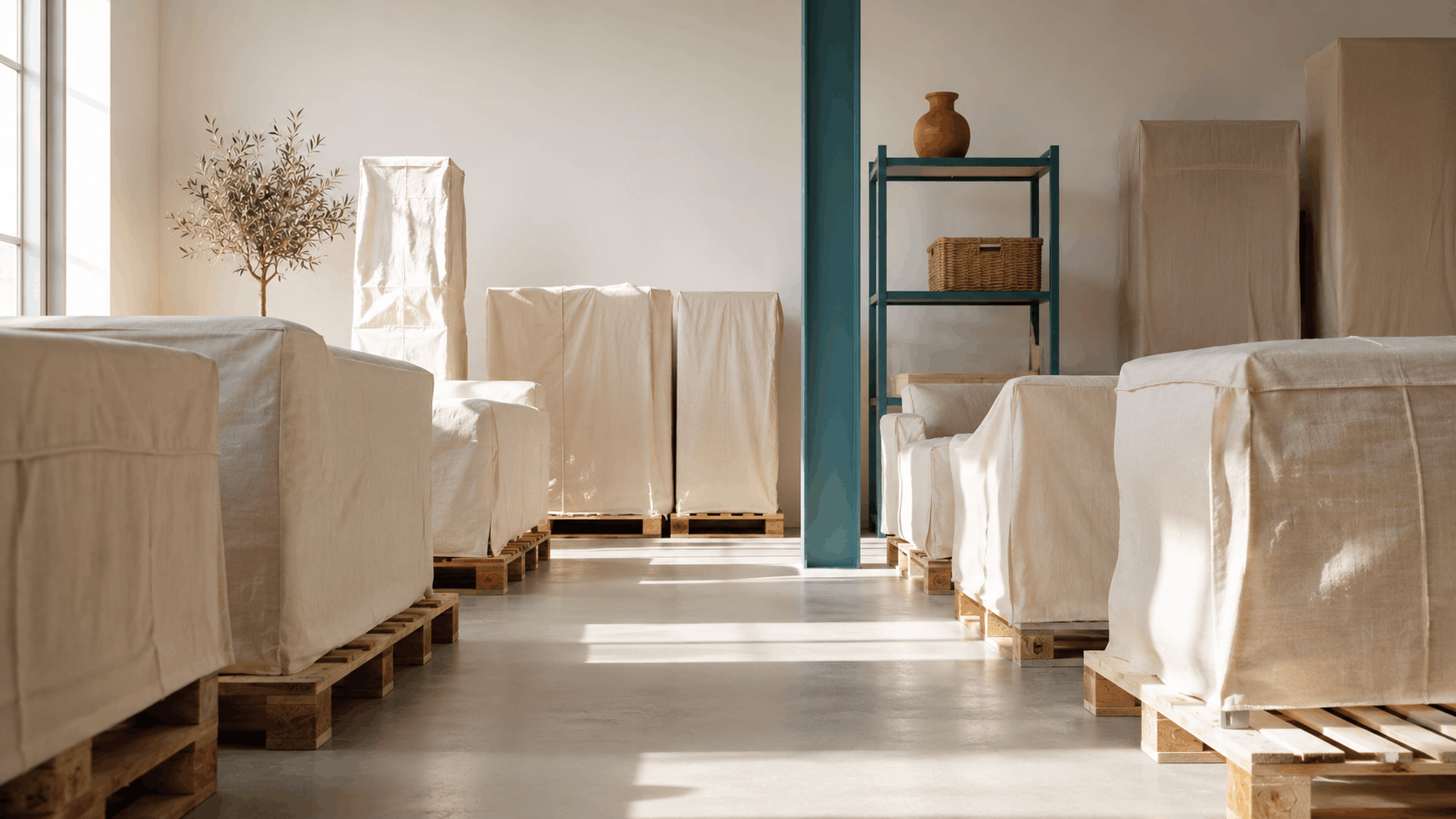 MUEBLES DE MADERA ELEVADOS SOBRE PALÉS Y CUBIERTOS CON FUNDAS TRANSPIRABLES PARA PROTEGERLOS DE LA HUMEDAD
