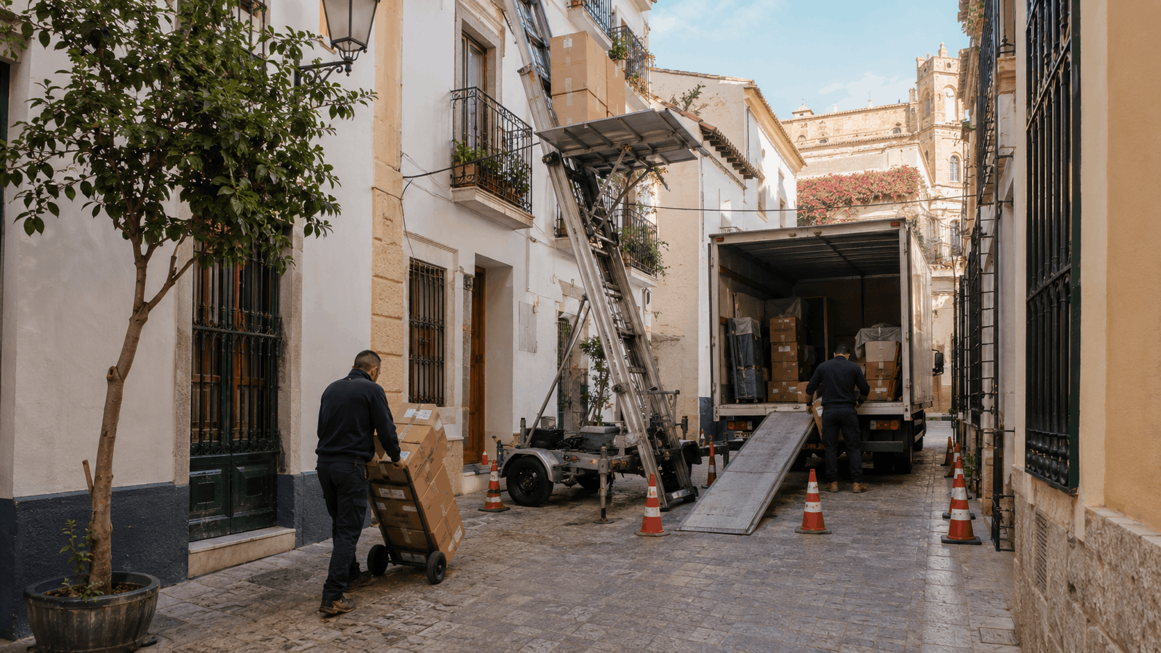 CAMIÓN DE MUDANZA CON RESERVA DE VÍA EN UNA CALLE ESTRECHA DEL CENTRO HISTÓRICO DE MÁLAGA