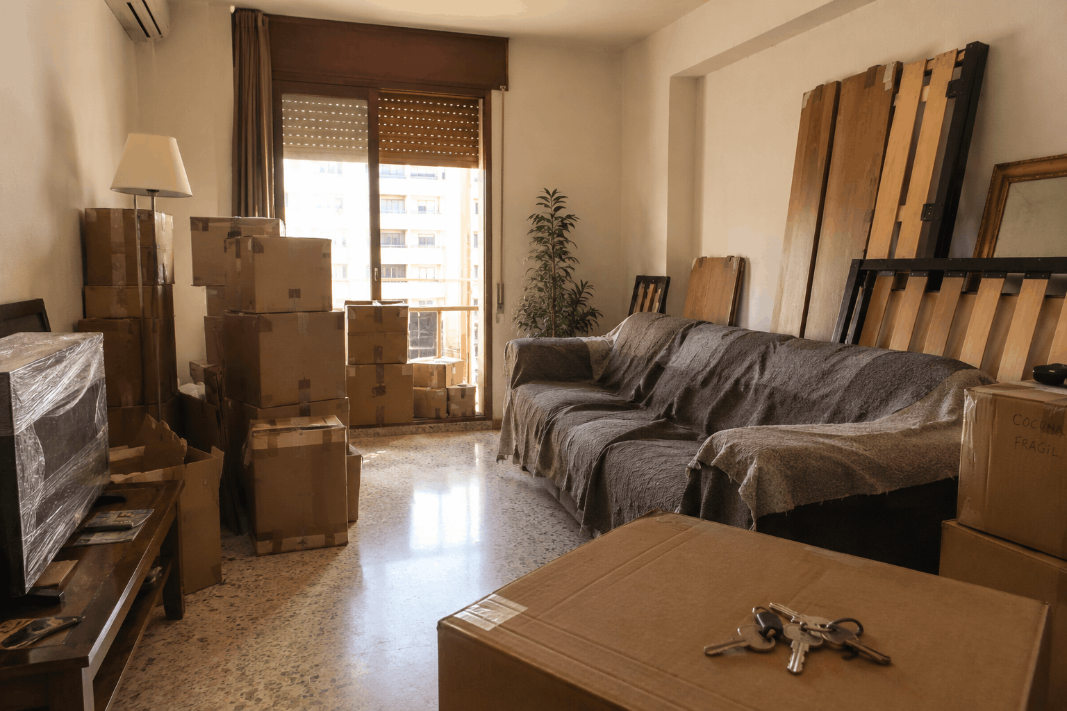 SALÓN A MEDIO EMBALAR CON CAJAS Y LLAVES CUANDO NO COINCIDEN LAS FECHAS DE LA MUDANZA